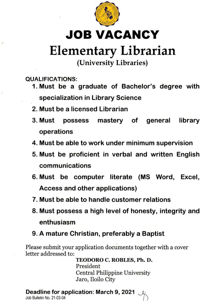 Job posting hiring for Elementary Librarian in Central Philippine University, Jaro, Iloilo City